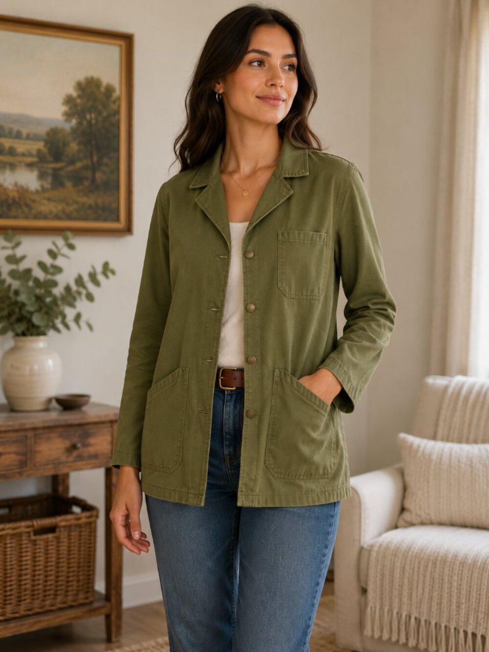 Kim Rogers Olive Green Utility Jacket Women's Snap Front Cotton Chore Coat Size